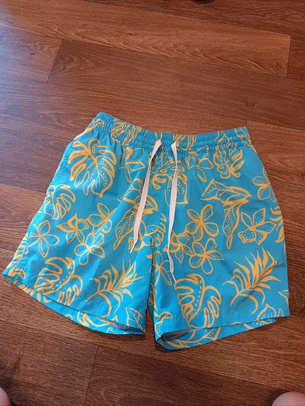 chubbies Turquoise Swim Trunks with Yellow Tropical Print